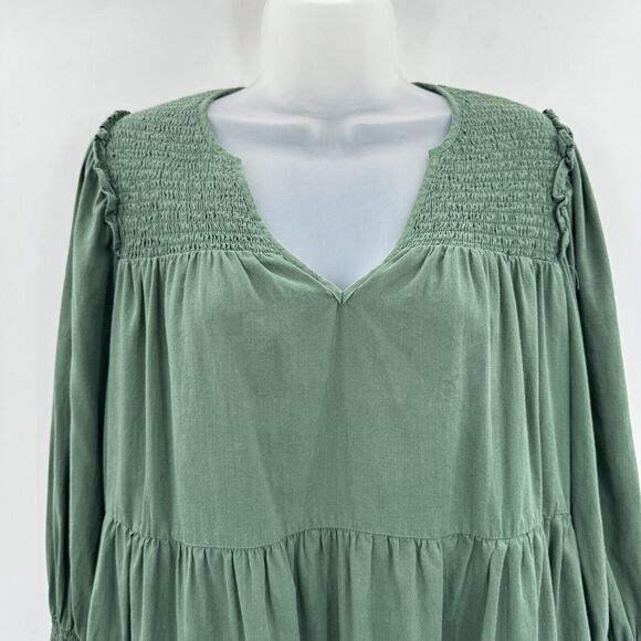 Pomander Place Ceci Mini Dress Size S Green Cotton Tiered Smocking V-Neck Lined - Picture 3 of 12